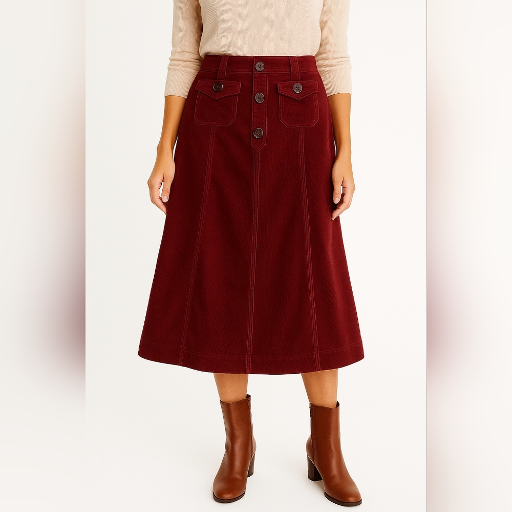 Mac & Jac Red Corduroy Midi Skirt